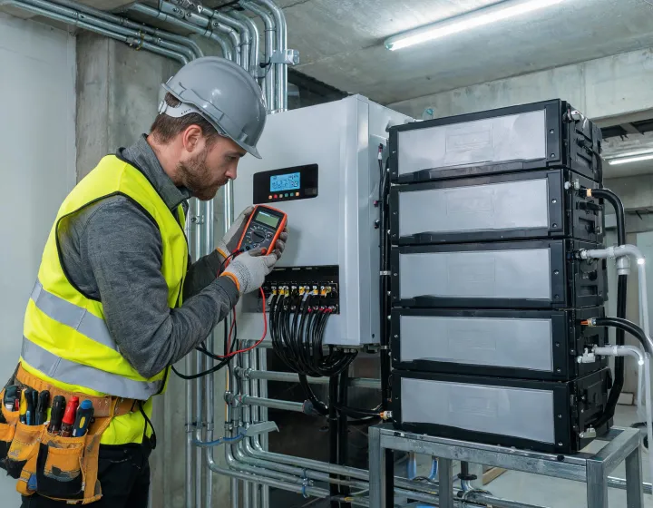Installer commissioning a hybrid solar inverter system