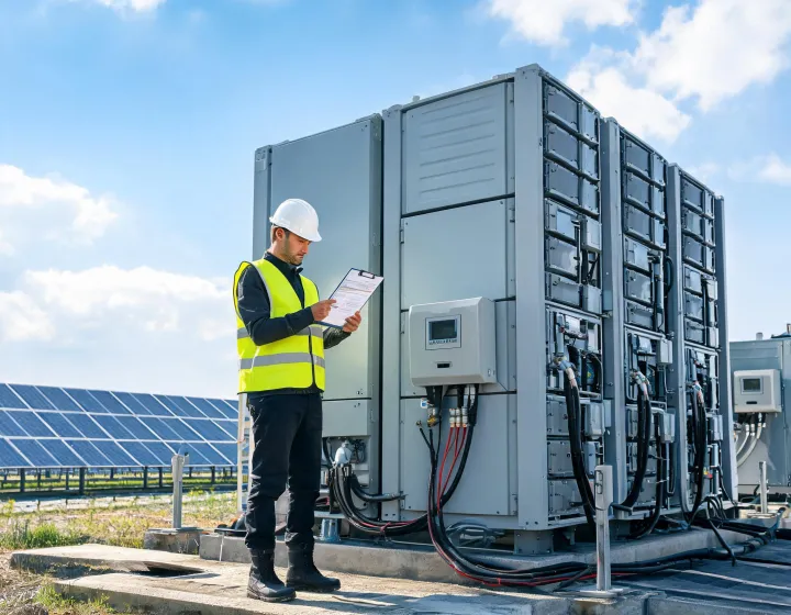Solar technician reviewing inverter commissioning documents